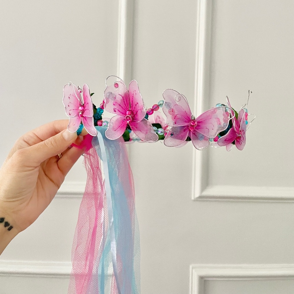 🦋 ✨Fairy princess crown butterflies tulle ribbon beads wire pink blue green